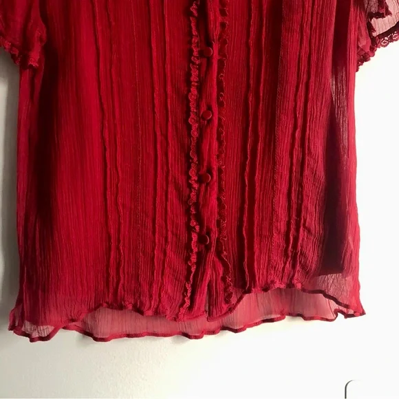 J.Crew Sheer lace-trim button-up Vibrant Red Cap Sleeves Blouse Women’s Size 6 - Picture 7 of 12